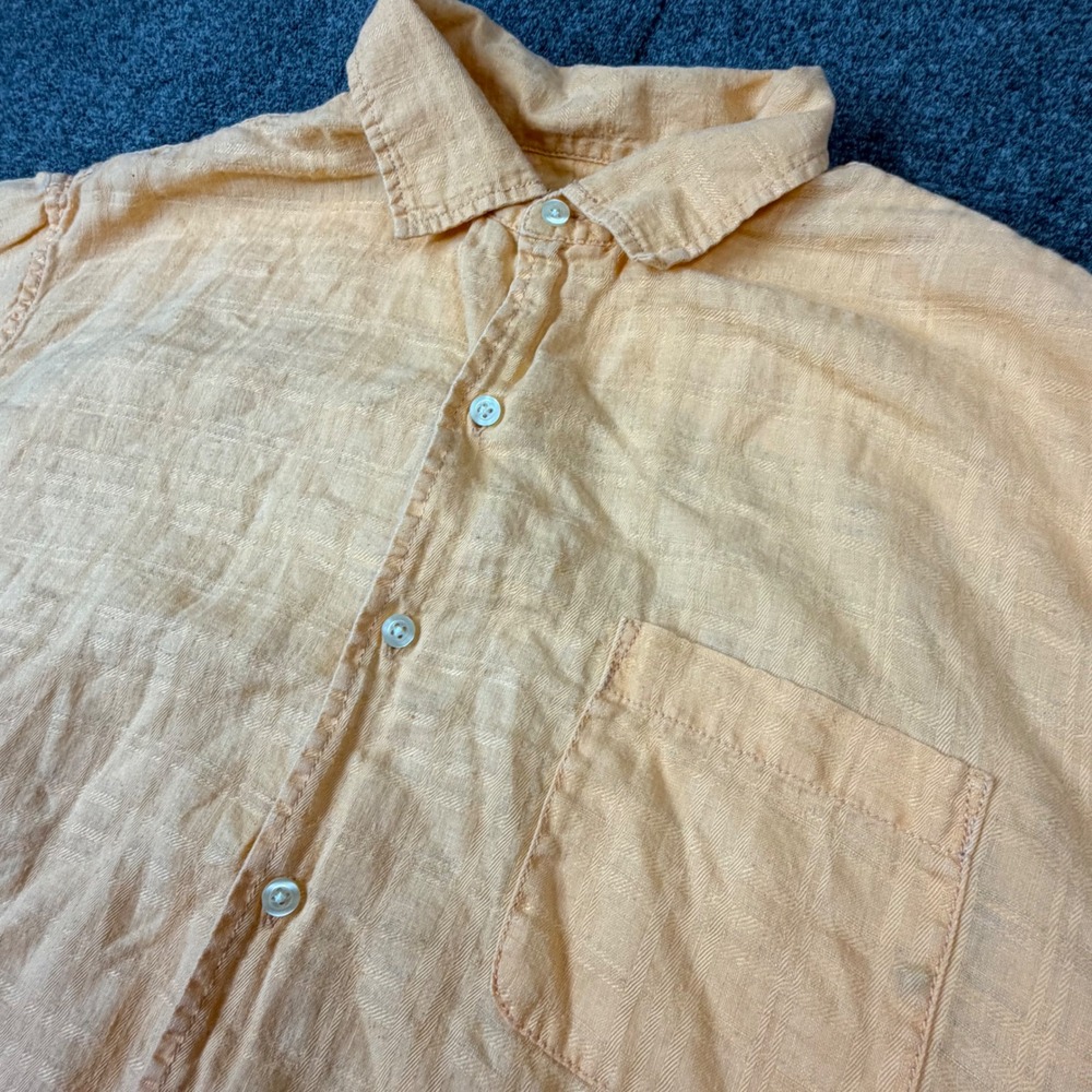 Caribbean Mens XL Peach Orange Linen Blend Short Sleeve Button Down Shirt Pocket